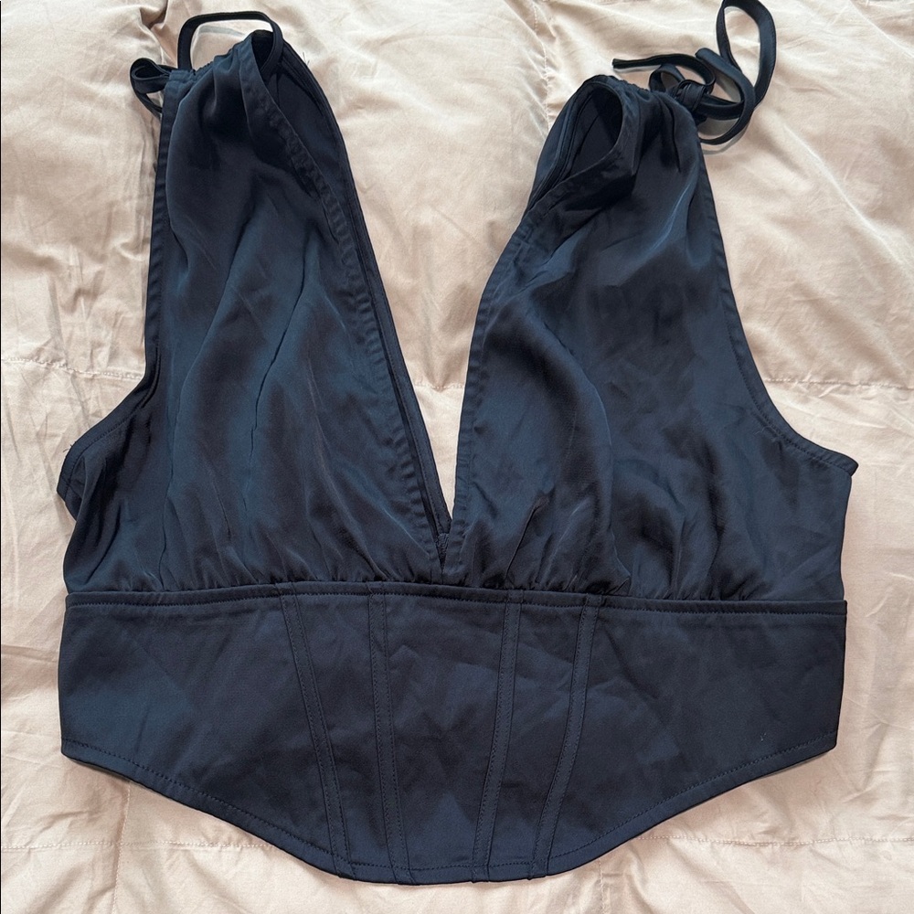 Boohoo Black Satin Ruched Shoulder Top